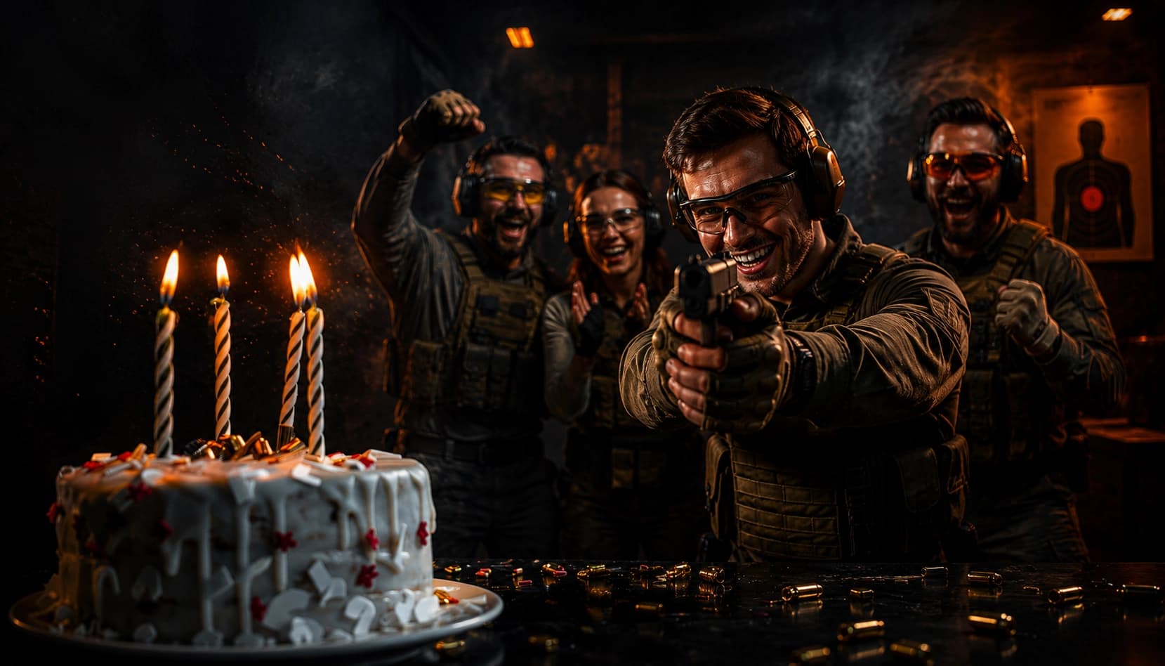 A birthday cake and a group on the shooting line